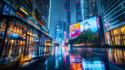 Obraz premium A vibrant urban cityscape with neon lights reflecting on wet streets during a rainy night, showcasing futuristic energy and mood. .
