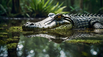 Obraz premium Spectacled Caiman in the Amazon: Majestic Spectacled Caiman basking in the tranquil waters of the Amazon, its reflection mirroring the serene beauty of its natural habitat.