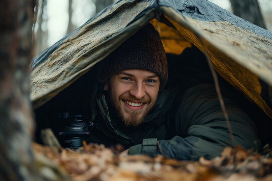 Smiling survivalist, preparing a shelter in the wilderness, looking at camera, Close-up outdoors portrait