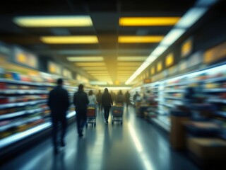 Fototapeta premium Blurred Shoppers in Supermarket Aisle, Busy Grocery Store Scene, Concept of Consumerism, Retail Shopping, Supermarket Traffic, People with Carts in Grocery Store, Abstract Motion Blur