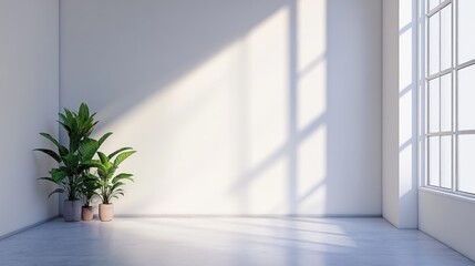 A bright, minimalistic room with a large window and potted plants, emphasizing tranquility.