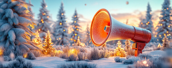 Megaphone surrounded a glowing winter scene, including ice sculptures and frosty trees