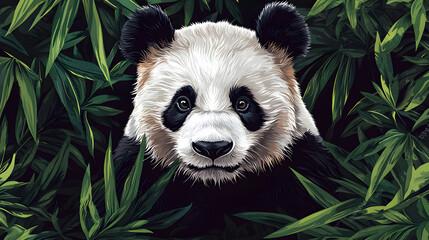 A cute cartoon panda with big eyes stands in a blurred, outdoor setting.