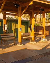 A serene electric vehicle charging station with wooden architecture bathed in warm sunset light.