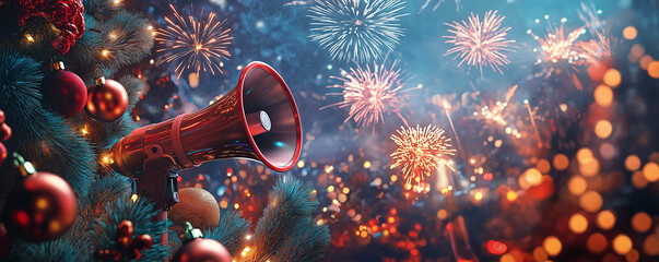 Megaphone to count down the final seconds to New Year’s, with fireworks and holiday decoration