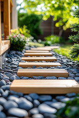 Beautiful garden pathway with wooden stepping stones and pebbles under sunlight