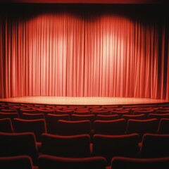 Empty Theater Auditorium with Red Curtains and Stage