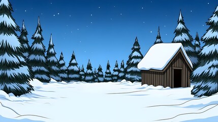 Fototapeta premium Snowy Winter Forest Landscape with Wooden Cabin and Starry Night Sky, Surrounded by Snow-Covered Pine Trees, Peaceful Cartoon Scene for Holiday, Christmas, and Winter-Themed Designs