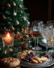 Elegant holiday table setting featuring wine glasses and festive snacks beside a beautifully decorated Christmas tree.
