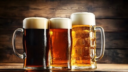 Four glassed of beer on wooden background