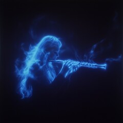 Ethereal Flutist A Blue Flame Portrait of Musical Grace