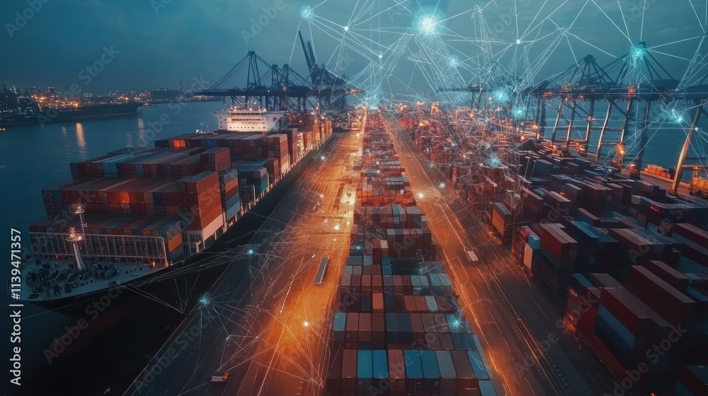 Poster a bustling shipping port with containers and cranes, illustrating global trade and logistics.
