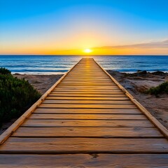 Fototapeta premium Wooden Pier Leading to a Golden Sunset Over the Calm Ocean, Highlighting Serene Beach Scenery, Tranquility, and the Beauty of Nature with Vibrant Colors in a Coastal Landscape