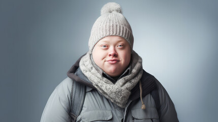 Portrait of smiling laughing man with Down syndrome gray background.