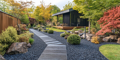 Serene garden pathway with modern architecture surrounded by vibrant foliage in autumn