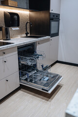 modern kitchen with dishwasher, black sink and grey cabinets