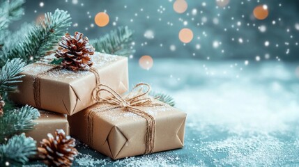 Three brown boxes with pine cones on top of them