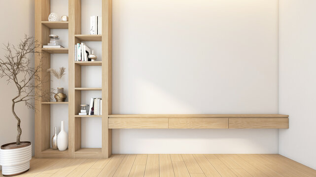 Modern Japanese-style living room with built-in TV cabinet and bookshelf. Wooden floor and white wall. 3d rendering