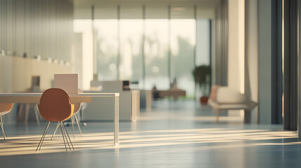 A bright, spacious modern office interior featuring large windows, minimalist furniture, natural light, and warm shadows for a productive atmosphere..