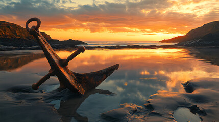 A rusty anchor is laying on the beach, with the sun setting in the background. The scene is serene and peaceful, with the anchor serving as a reminder of the passage of time