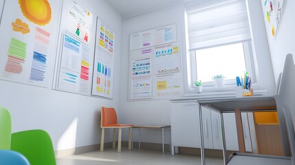 Empty pediatric clinic featuring vaccination posters, conveying a message of preparedness and public health awareness in a serene and hygienic environment