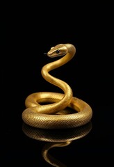 Obraz premium Regal Presence of a Golden Snake, Coiled Gracefully with Intricate Gold Leaf Patterns, Set Against a Dramatic Black Background in Stunning Photography