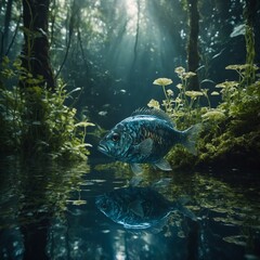 A surreal scene with a fish whose body is a mirror, holding a delicate cup inside, swimming through a magical forest of luminous plants.