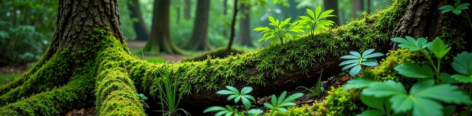 Moss and ferns grow on ancient tree trunks in the quench, quench, nature, overgrowth