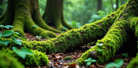 Moss and ferns grow on ancient tree trunks in the quench, quench, moss