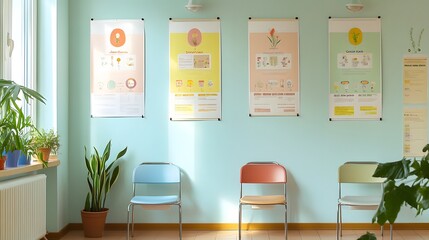 Empty pediatric clinic featuring vaccination posters, conveying a message of preparedness and public health awareness in a serene and hygienic environment