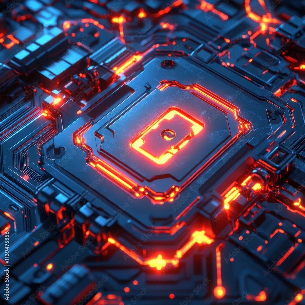 Poster close-up view of a high-tech microprocessor with glowing orange and red circuits against a dark back