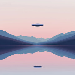 UFO hovering over a serene lake at sunset with mountain reflections, mysterious alien spaceship, unidentified flying object in tranquil landscape, sci-fi concept, extraterrestrial encounter in nature
