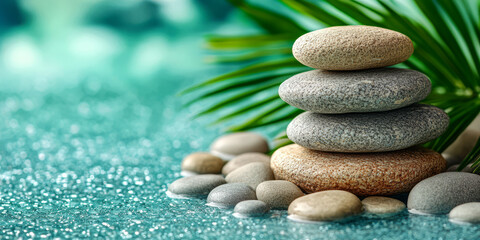 Tranquil stacking of smooth stones near water with tropical leaves in a serene setting