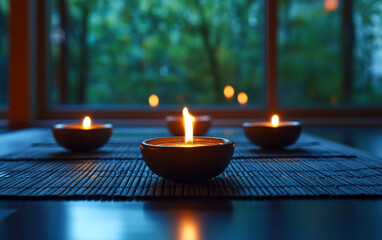Soft candlelight illuminates a serene indoor setting with natural surroundings