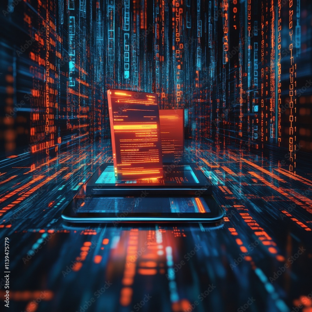 Poster futuristic digital interface showcasing glowing screens with data streams, creating an immersive tec
