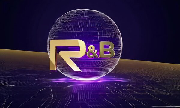 Gold R&B text with purple glow and abstract background.
