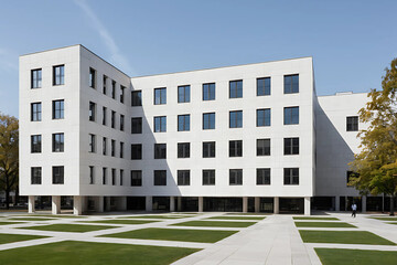 Modernist Five-Story White Public Building with Large Windows and Town Center in Background