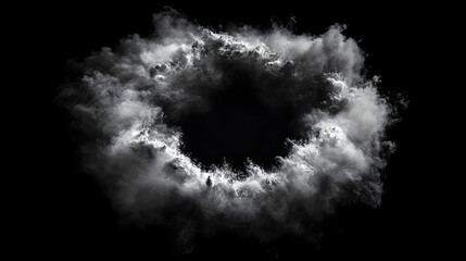 A circular ring of swirling white smoke against a black background, creating an abstract and mysterious visual effect.  .