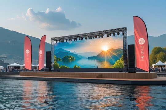 Waterside Stage Display: Exhilarating Summer Panorama and Three-Dimensional Lake Showcase