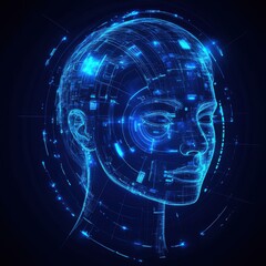 Futuristic digital portrait of a female figure with a glowing blue circuit design on a dark background.