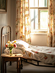 A bed with a floral patterned bedspread and a vase of flowers on a table. The room is bright and sunny, with a window letting in natural light. The bed is unmade and the flowers are arranged in a vase