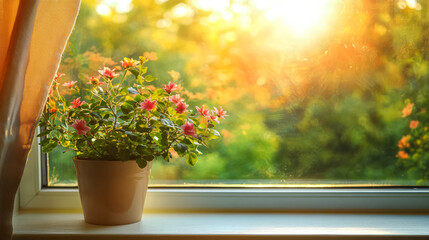 Fototapeta premium Sunlit window with a blooming flower pot showcasing vibrant colors in warm afternoon light