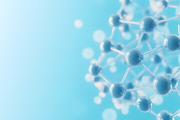 3D molecular structure with blue spheres and connecting lines on a light blue background, symbolizing science, chemistry, technology, nanotechnology, innovation, and scientific research