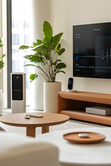 A living room with a large flat screen TV and a potted plant. The room has a modern and minimalist design with a focus on technology