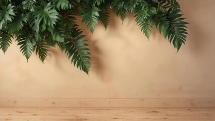 Exotic foliage with dark green leaves against a warm beige or light brown wooden background, leafy greens, earthy tone, botanical