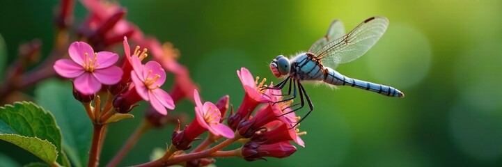 Fototapeta premium dragonfly sips nectar from blackberry flowers blooming, insects, dragonflies