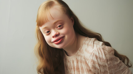 Portrait of smiling laughing woman with Down syndrome gray background.