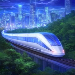 Fototapeta premium Futuristic Cityscape Night Train High Speed Rail Travel