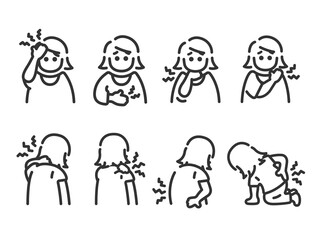 いろいろな身体症状の、女性のアイコン（線画）のイラストセット