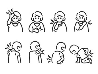 いろいろな身体症状の、男性のアイコン（線画）のイラストセット